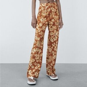 Zara Linen Blend Floral Tropical Printed Burnt Orange High Waist Wide Boho Pants